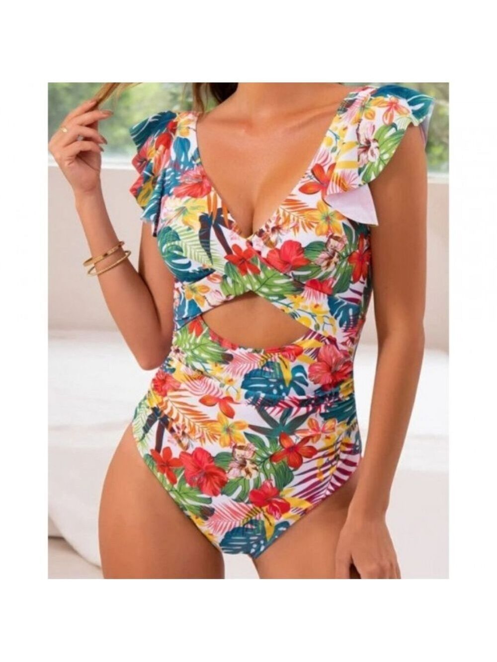TROPICAL PRINT ONE PIECE MONOKINI RUFFLE SHOULDER RUCHED SWIMSUIT SIZE XL NWT - Picture 12 of 13